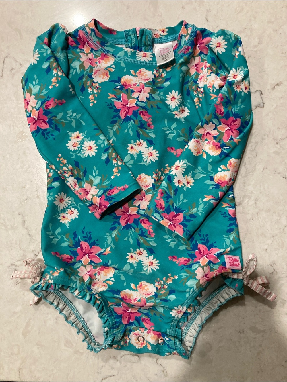 Ruffle Butts Teal Floral Long-Sleeve One-Piece Swimsuit